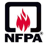 NFPA logo featuring a red flame inside a rounded black square and the letters NFPA.